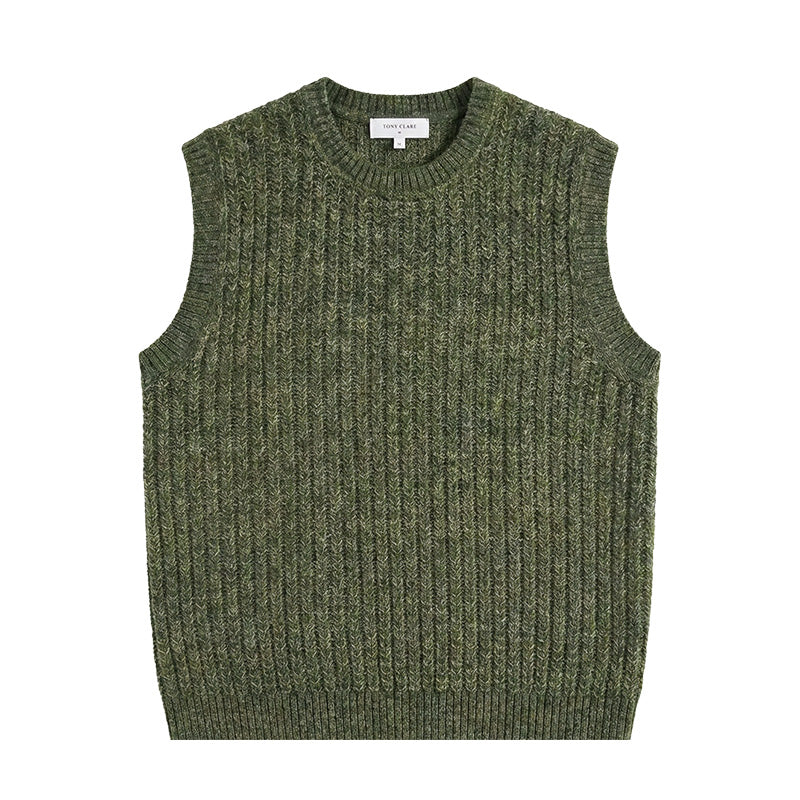Men’s Cotton-Blend Ribbed Knit Vest - Khaki | Textured Sleeveless Pullover | European Stock Clearance Main image