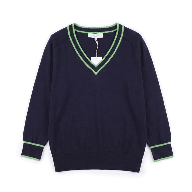 The Antwerp Varsity Series: 30% Wool-Blend Contrast V-Neck | Navy & Lime Main image
