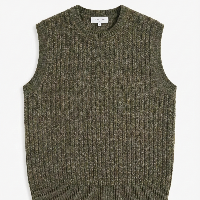 Men’s Cotton-Blend Ribbed Knit Vest - Khaki | Textured Sleeveless Pullover | European Stock Clearance