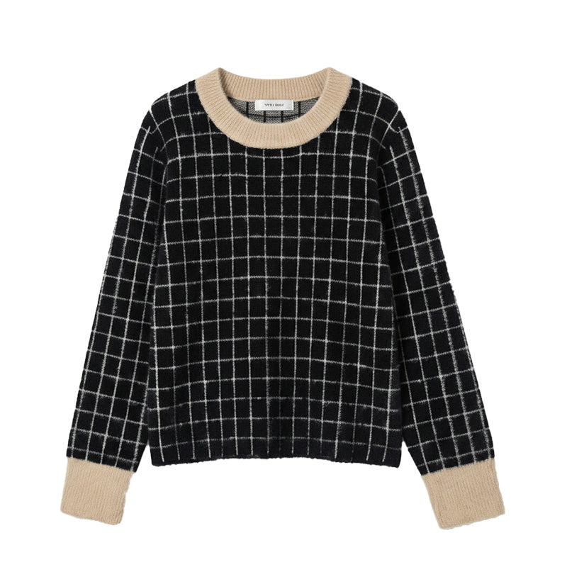 Parisian Chic: Brushed "Eyelash" Texture Grid Crewneck | Ultra-Plush