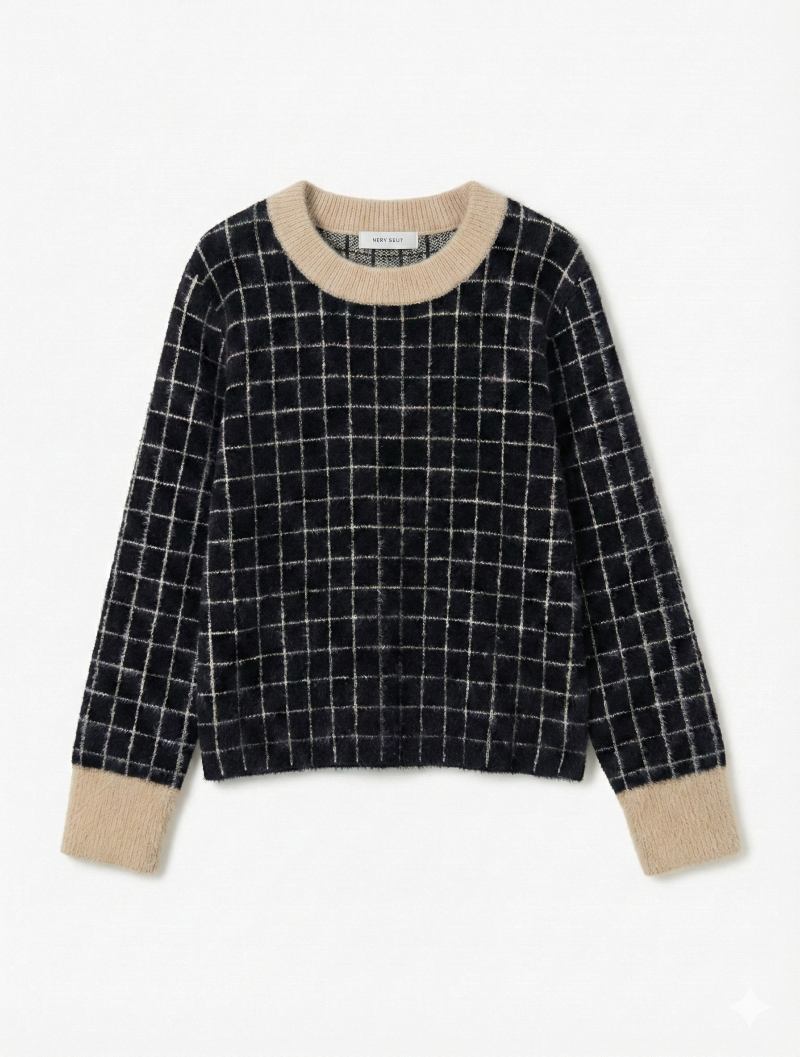 Parisian Chic: Brushed "Eyelash" Texture Grid Crewneck | Ultra-Plush