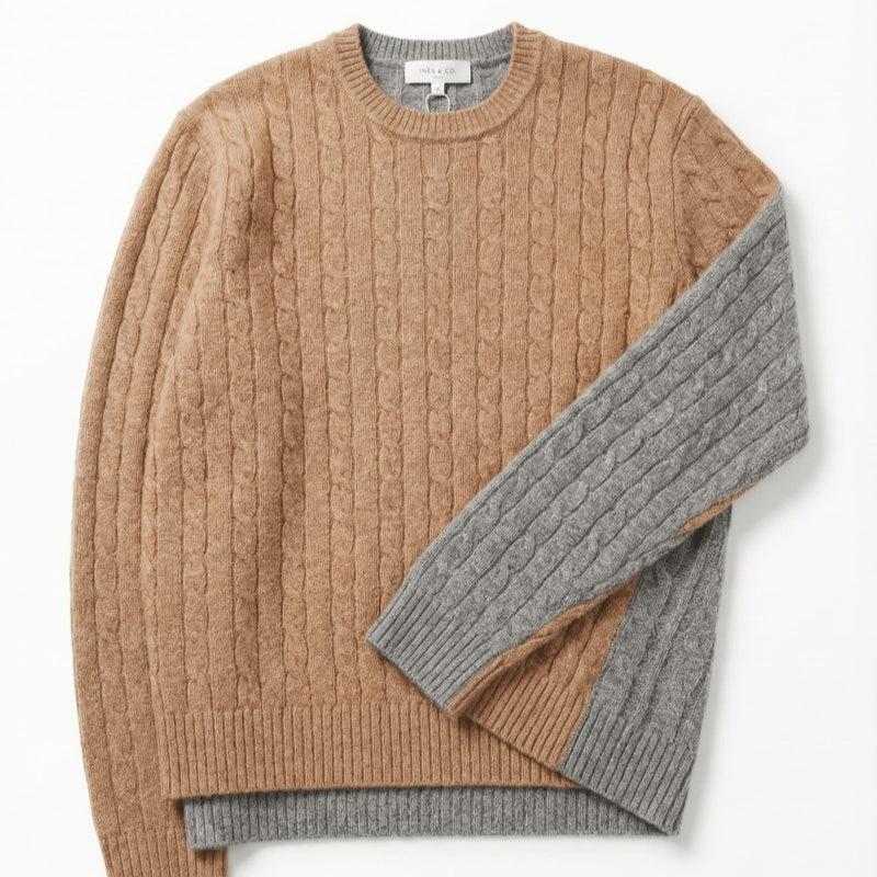 The Antwerp Dual-Tone Series: 80% Wool Contrast Cable Knit | Tan/Grey & Blue